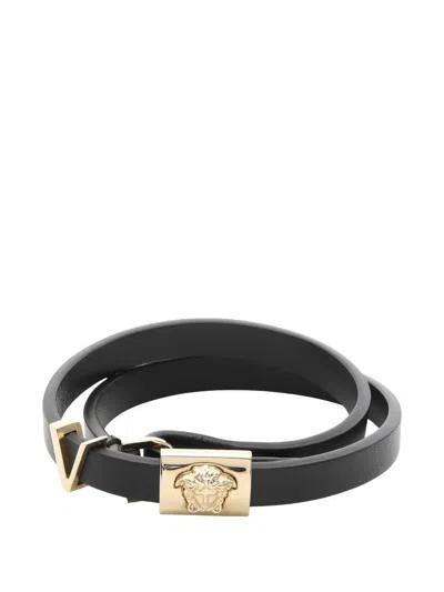 Pre-owned Versace 2010s Medusa Leather Bracelet In Black