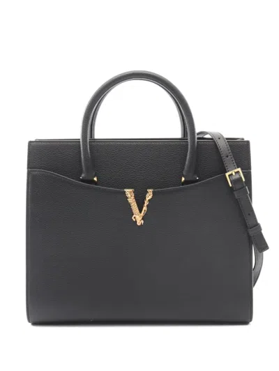 Pre-owned Versace 2010s Virtus Leather Tote Bag In Black