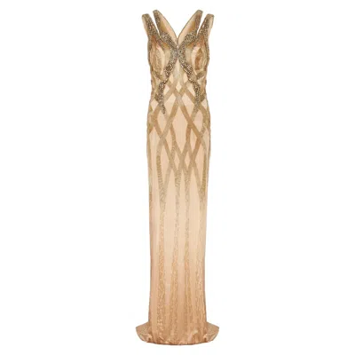 Pre-owned Versace 2015  Documented Gold Beaded Silk Gown With High Slit