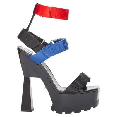 Pre-owned Versace 2016 Runway Multicolor Technical Satin Block Heel Lug Platform Sandals In Black