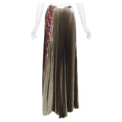 Pre-owned Versace 2017 Metallic Gold Silk-lame Baroque Trim Pleated Full Skirt It42 M In Black