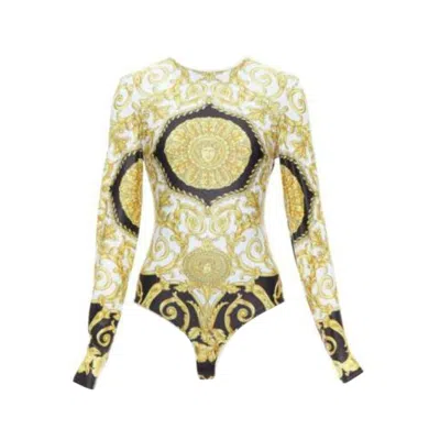 Pre-owned Versace 2018 Tribute Gold Medusa Barocco Long Sleeve Bodysuit Top It38 Xs