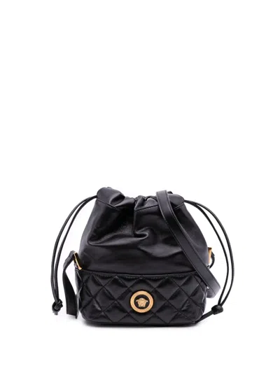 Pre-owned Versace 2019-2025 Quilted Calfskin La Medusa Drawstring Bucket Bag In Black