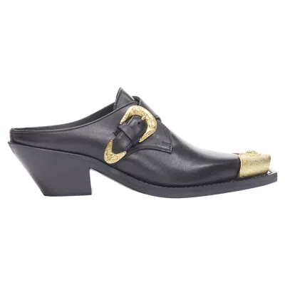 Versace 2019 Black Leather Gold Medusa Toe Western Buckle Cuban Mule Eu37 In Brown