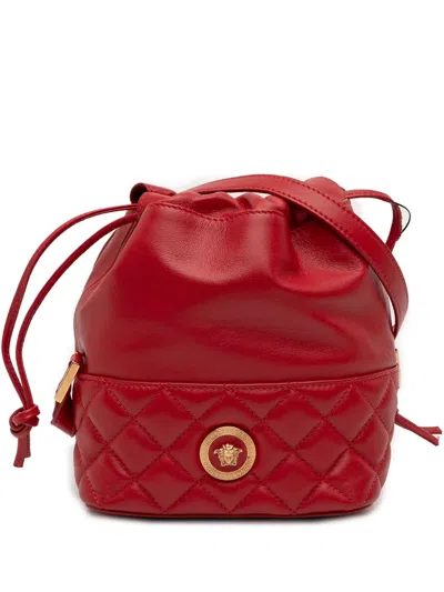 Pre-owned Versace 2019-2025 Quilted Calfskin La Medusa Drawstring Bucket Bag In Red