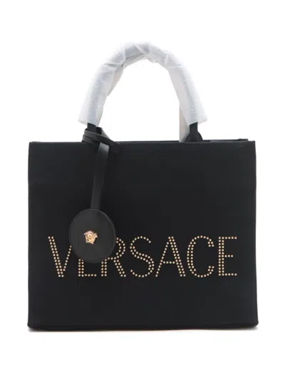 Pre-owned Versace 2020-2024 Logo Canvas Tote Bag In Black
