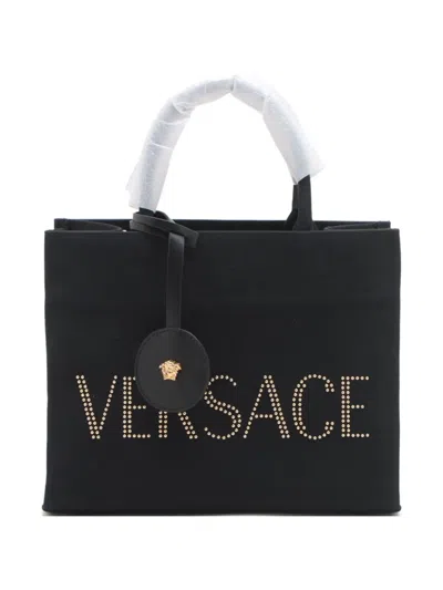 Pre-owned Versace 2020-2024 Logo Canvas Tote Bag In Black