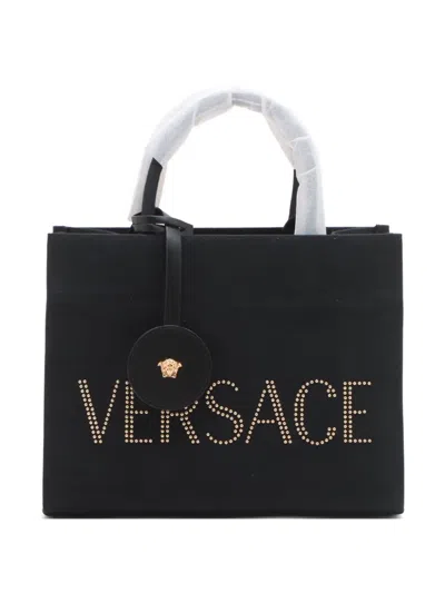Pre-owned Versace 2020-2024 Logo Canvas Two-way Tote Bag In Black