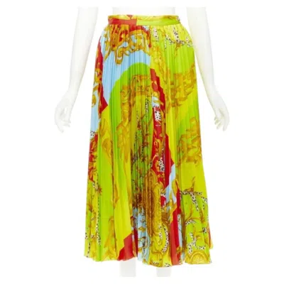 Pre-owned Versace 2020 Runway Barocco Acanthus Pop Medusa Pleated Midi Skirt It38 Xs In Yellow