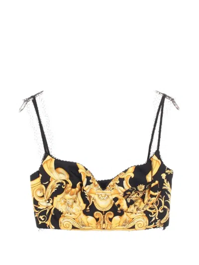 Pre-owned Versace 2020s Baroque-print Lace-trim Camisole In Black