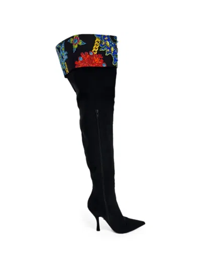 Pre-owned Versace 2020s Crystal-embellished Over-the-knee Boots In Black