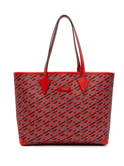 Pre-owned Versace 2021-2025 Coated Canvas La Greca Tote Bag In Red