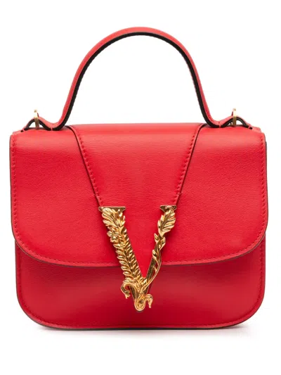 Pre-owned Versace 2021-2025 Small Leather Virtus Top Handle Flap Satchel In Red