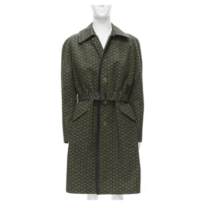 Pre-owned Versace 2021 La Greca Green Graphic Leather Medusa Mac Trench Coat It52 Xl