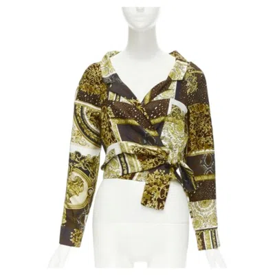 Pre-owned Versace 2021 Mosaic Barocco 100% Silk Print Wrap Tie Cropped Shirt It38 Xs In Beige