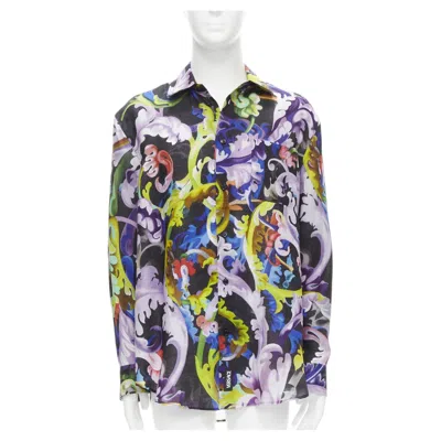 Pre-owned Versace 2021 Runway Baroccoflage Colorful Baroque Floral Linen Shirt Eu39 M In Gray