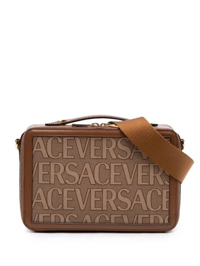 Pre-owned Versace 2021-2026 Canvas All Over Messenger Bag Satchel In Brown