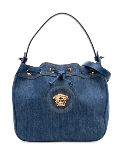 Pre-owned Versace 2021-2026 Denim La Medusa Drawstring Bucket Bag Satchel In Blue