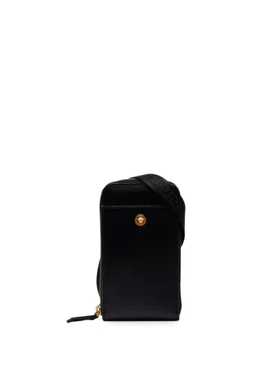 Pre-owned Versace 2021-2026 Leather Medusa Phone Pouch Crossbody Bag In Black