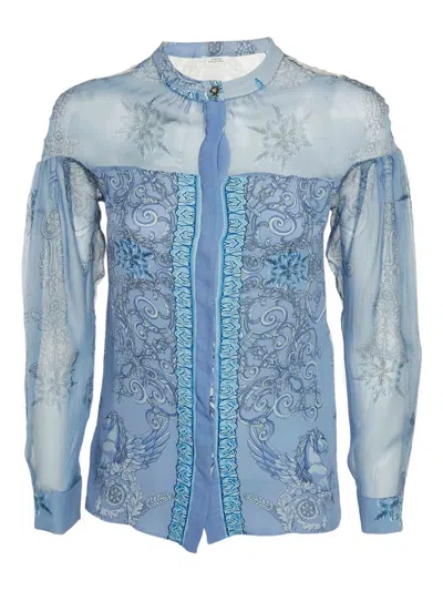 Pre-owned Versace 2023 Printed Silk Blouse In Blue