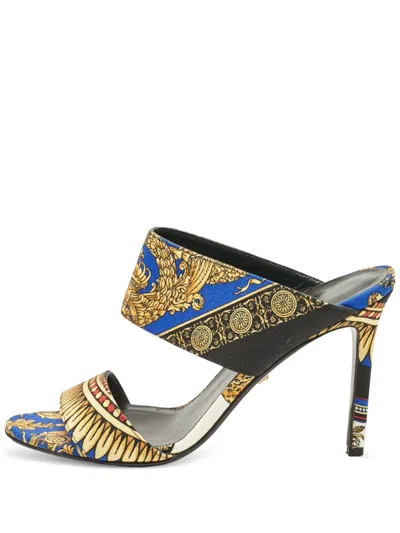 Pre-owned Versace 2024 100mm Baroque-pattern Double-straps Sandals In Blue