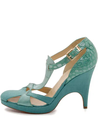 Pre-owned Versace 2024 Croc-embossed Leather Wedge Sandals In Blue