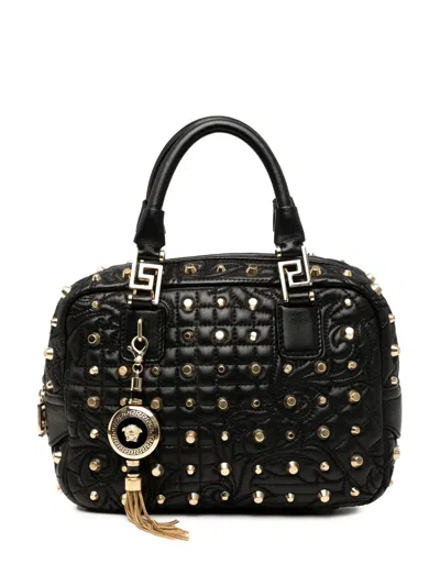 Pre-owned Versace 20th Century Barocco Quilted Nappa Studded Demetra Vanitas Handbag In Black