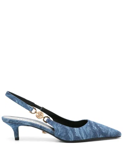 Versace Blue Fabric Flat Sandals