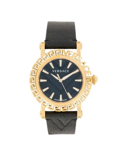 Versace 40mm Ip Goldtone Stainless Steel & Leather Strap Watch In Black