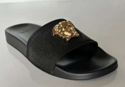 Pre-owned Versace $450  Gold Medusa Head Slides Sandals Black 8 Us (38 Euro) Italy