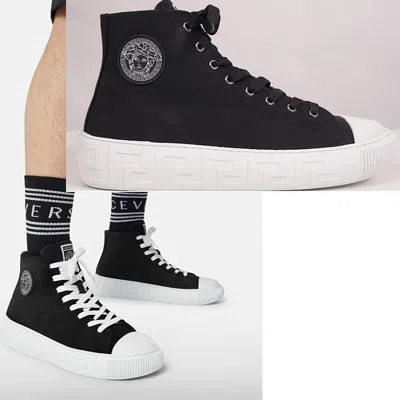 Pre-owned Versace 46 Us 13 $550  Men's Black Canvas Medusa Logo Patch High-top Sneakers