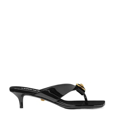 Versace Gianni Ribbon Thong Mules In Black