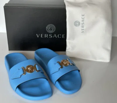 Pre-owned Versace $575  Gold Medusa Leather/rubber Sandals Blue 10.5 (43.5) 1004983 It