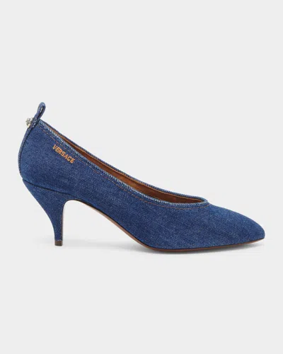 Versace 65mm Denim Stiletto-heel Pumps In Blue