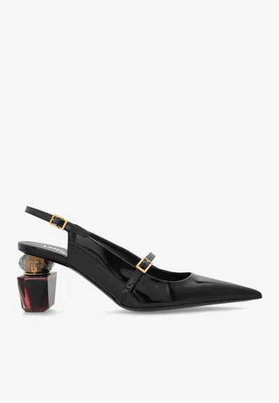 Versace 70 Bright Crystal Patent Slingback Pumps In Black+gold