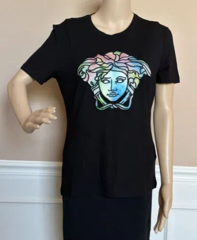 Pre-owned Versace $725  Medusa Head Crystal-embellished T-shirt 4 Us (38 Euro) 1a00769 In Black