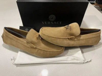 Pre-owned Versace $775 Mens  Goldtone Logo Suede Drivers Loafers Sand Us 12 ??? In Beige