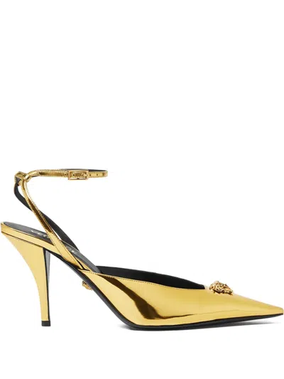 Versace 85mm Pointed-toe Pumps In Gold