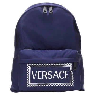 Pre-owned Versace 90's Box Logo Navy Blue Nylon Greca Strap Backpack