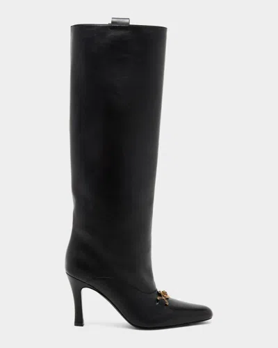 Versace 90mm La Medusa Leather Knee-high Boots In Black-gold