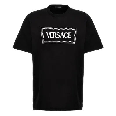 Versace 90s Logo Embroidered Cotton T Shirt In Black