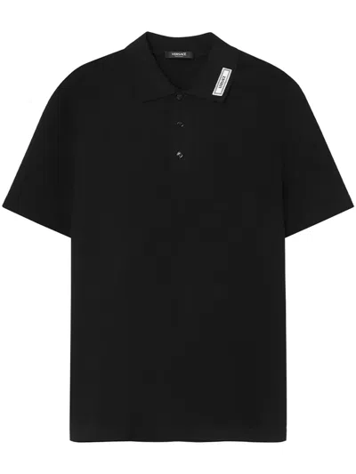 Versace Cotton Shirt Polo With Logoed Label In Black