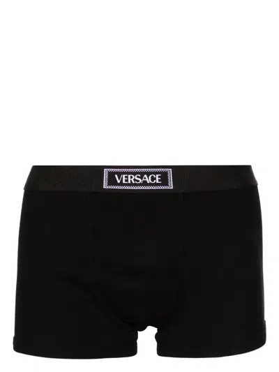 Versace 90s Vintage Logo Ribbed Long Boxer Shorts In Black