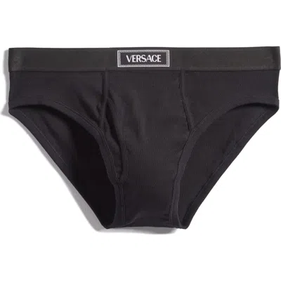 Versace '90s Logo Stretch Cotton Rib Briefs In Black