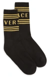 Versace '90s Logo Stripe Crew Socks In Black Gold
