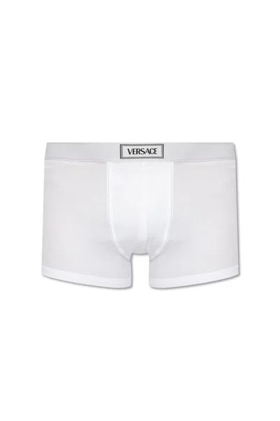 Versace 90s Logo-waistband Stretched Boxer Briefs In Optical White (white)