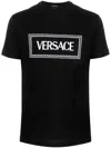 Versace Black Crewneck T-shirt With Contrasting Logo Lettering Print In Cotton