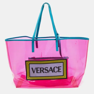 Pre-owned Versace 90s Vintage Pink/blue Pvc And Leather Shopper Tote