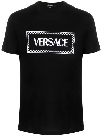 Versace Black Crewneck T-shirt With Contrasting Logo Lettering Print In Cotton
