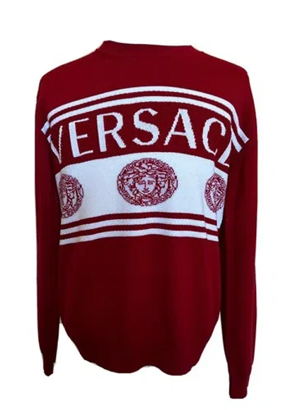Pre-owned Versace $950  Medusa Logo Wool Knit Sweater Red 52 (xl) Italy 1002719